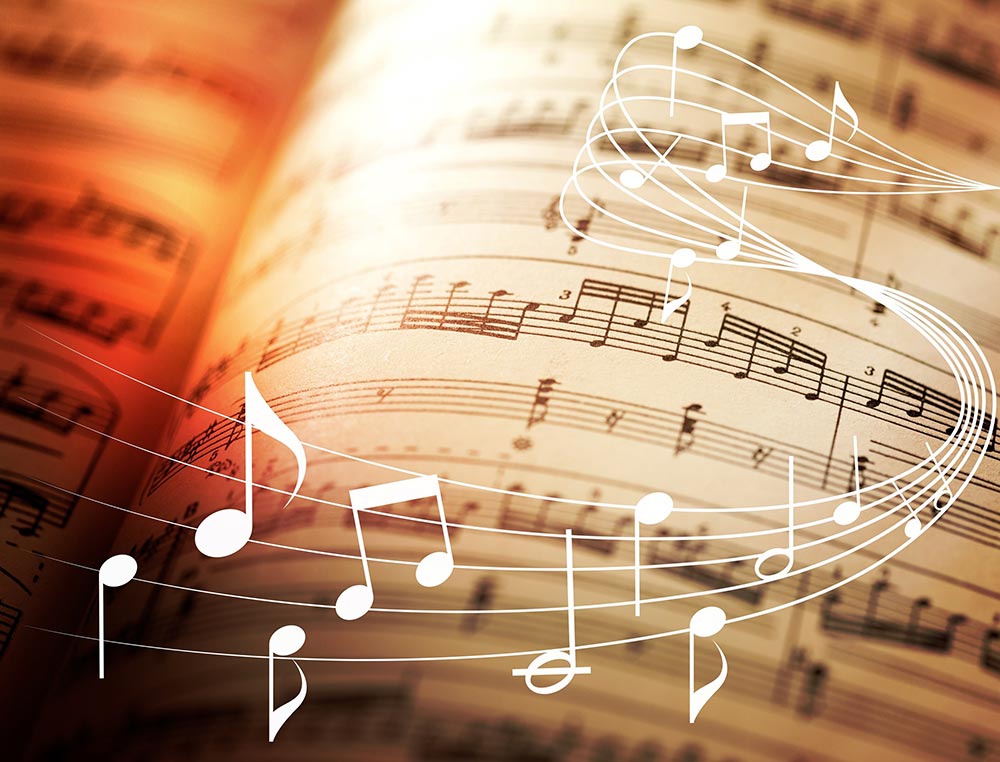 Piano Sight Reading Tips representational graphics. a music note book with musical notes floating above.